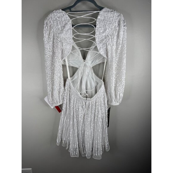 NWT LARA White Long Sleeve Cut Out Mini Cocktail Dress Sequins Lace Up Back US 0 - Picture 5 of 6